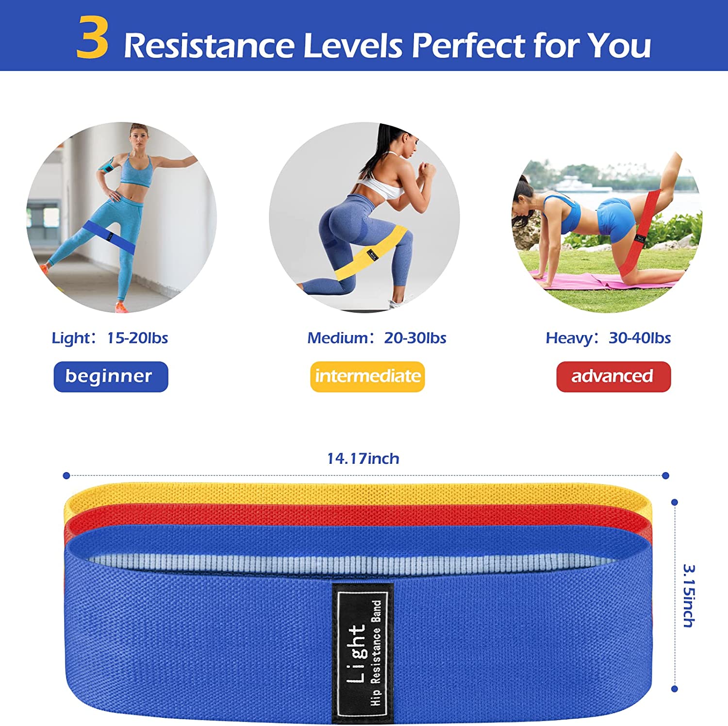 POWAITER Resistance Bands, 3 Packs Fitness Workout Exercise Hip Peach Band